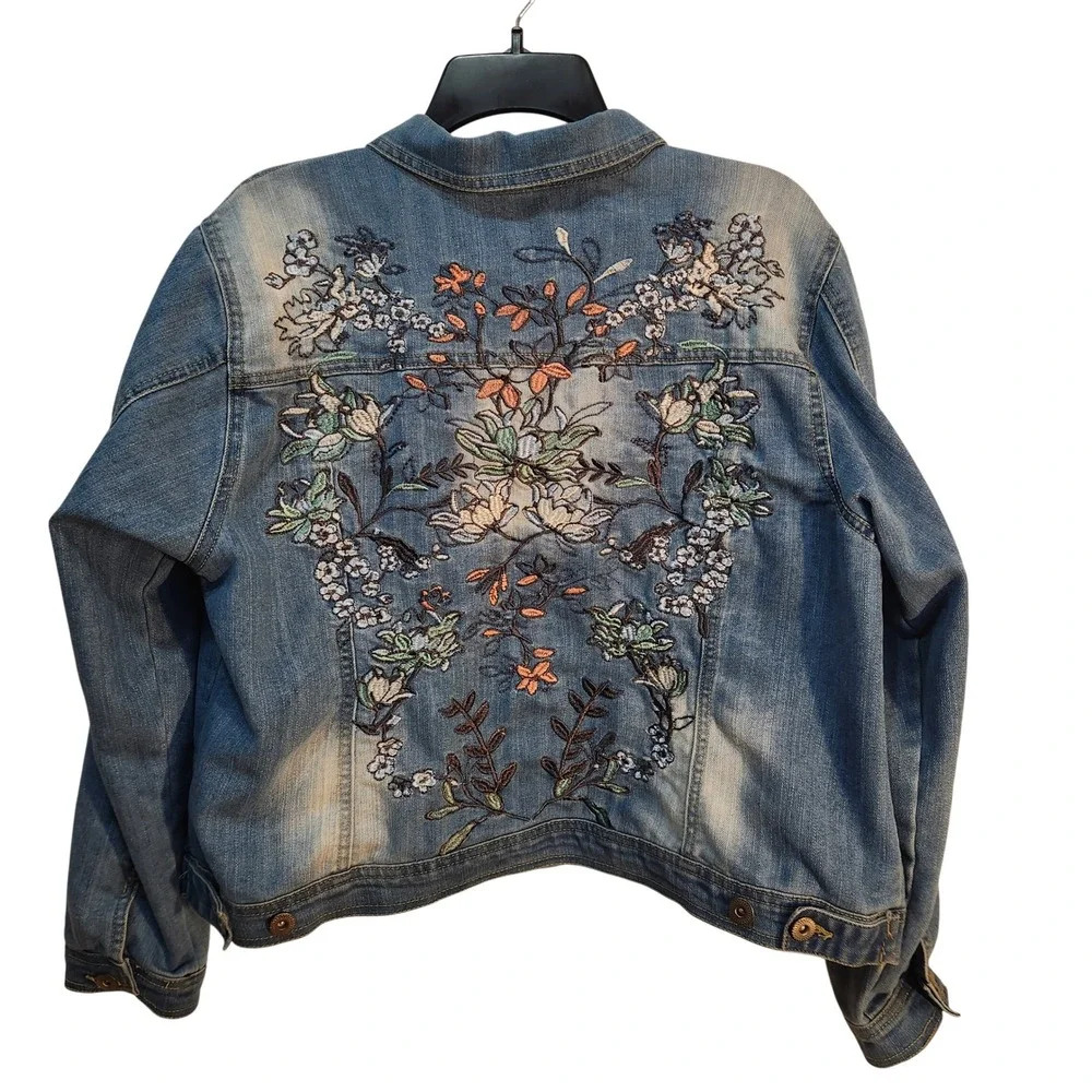 Floral Embroidered Denim Jacket Womens XL Blue Stretch Jean Boho RN149251 - Picture 1 of 6